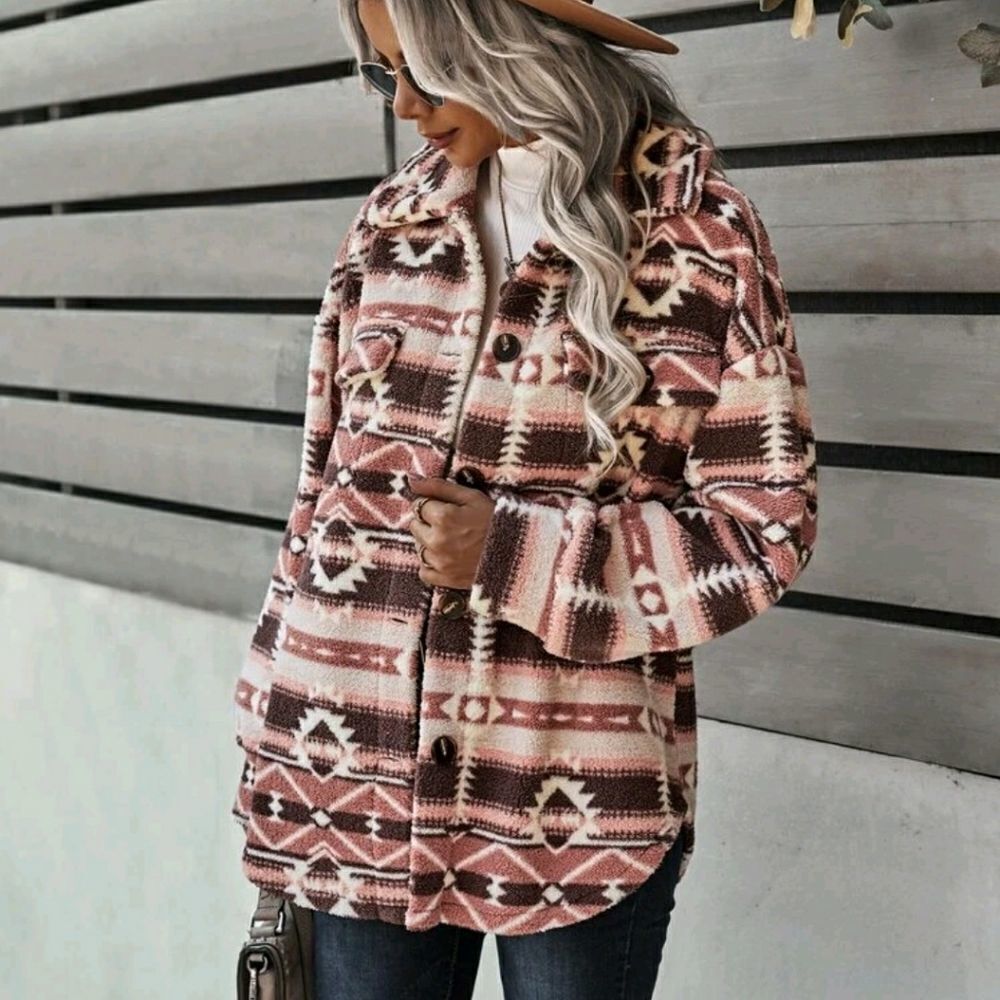 Geo Pattern Drop Shoulder Fleece Coat - Picture 3 of 8